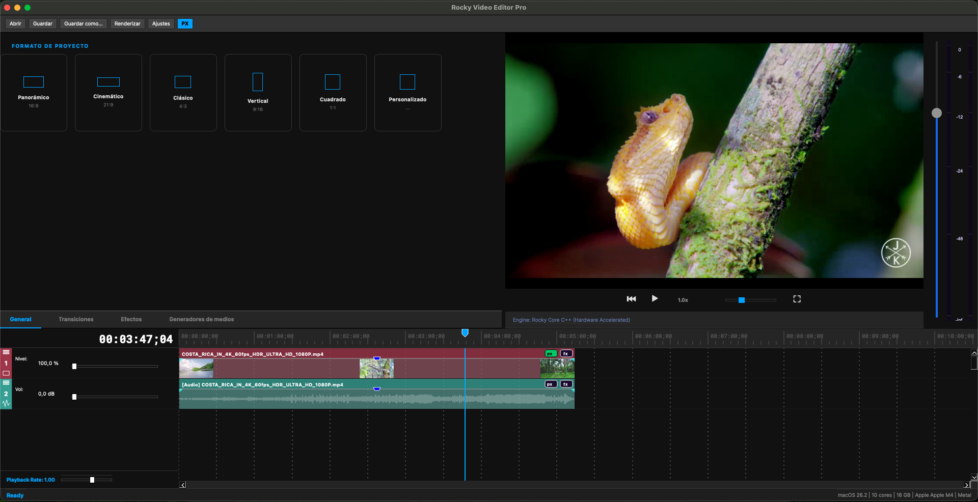 Rocky Video Editor - Interfaz profesional de edición de video 4K con timeline